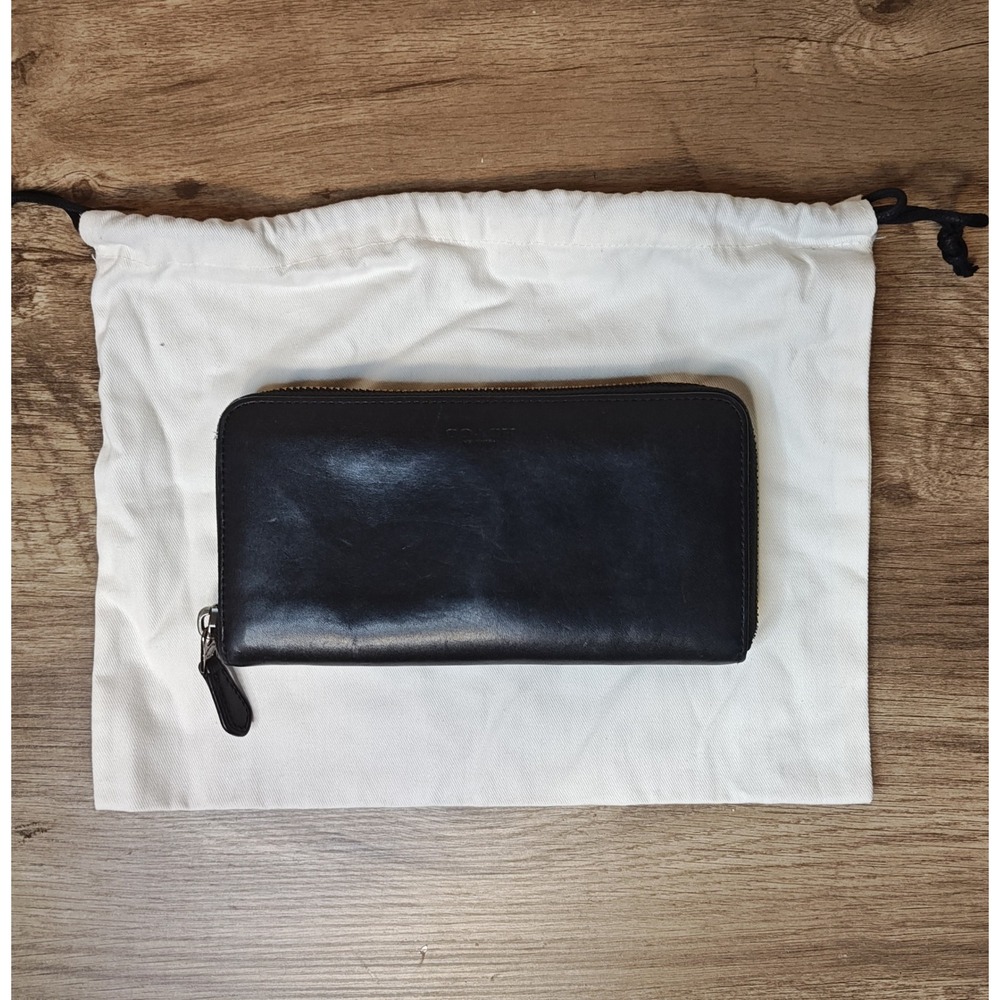 VTG Coach‎ Black Glovetanned Leather Zip Around Accordion Wallet Clutch Black